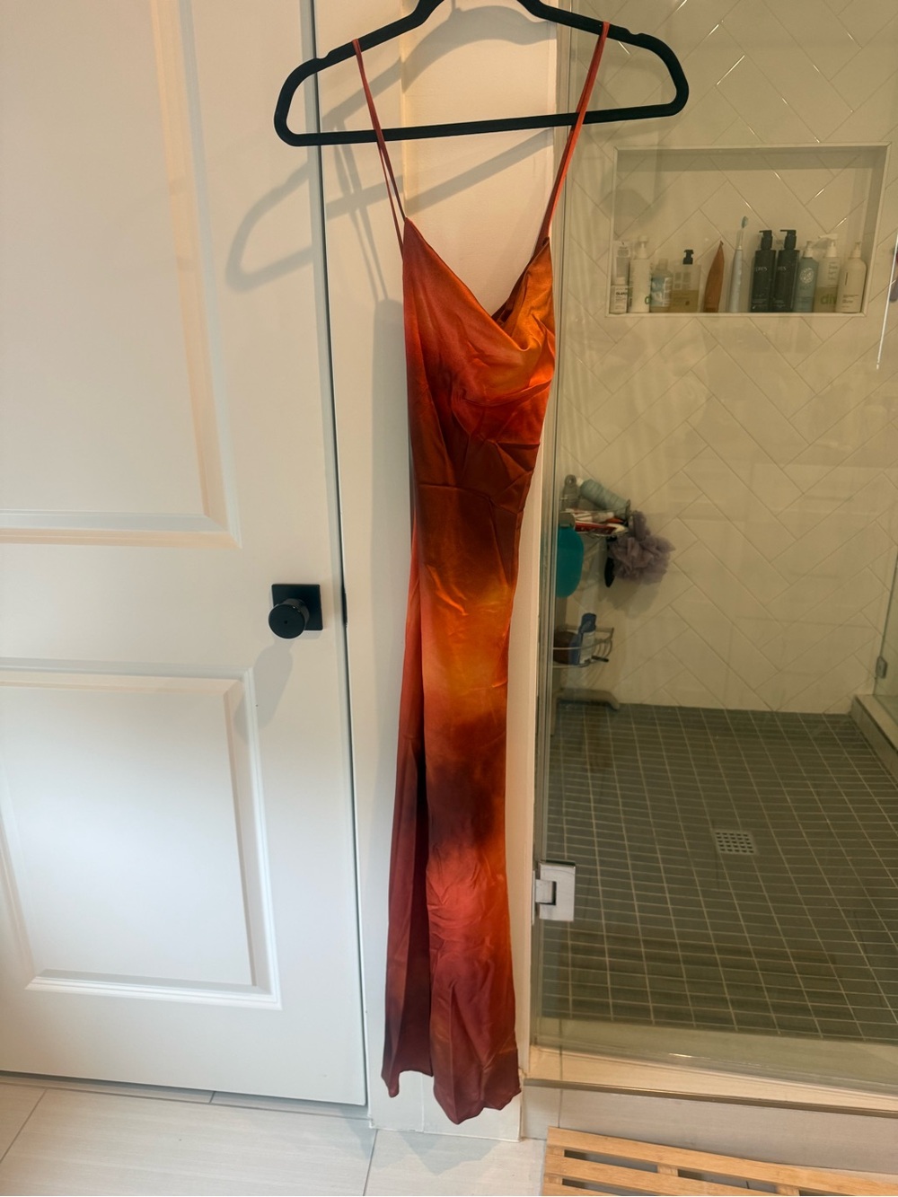 12th Tribe Rust Tie-Dye Satin High-Slit Slip Dress - Picture 2 of 3
